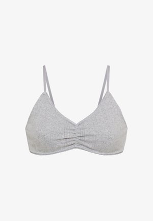 Grå bralette lavet af blødt stof, med en trekantet form, tynde stropper og et subtilt teksturmønster med samlet midte.