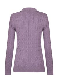 Fliederfarbener Strickpullover mit strukturiertem Kabeldesign, gerippten Bündchen und Kragen, in formschmeichelndem Schnitt und mit langen Ärmeln.