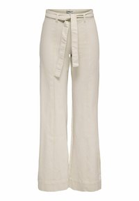 Pantalon beige taille haute à jambes larges avec une ceinture en tissu nouée à la taille, des passants de ceinture et des coutures apparentes sur le devant.