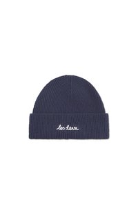 Navy blue knitted beanie with ribbed texture and a rolled cuff. Features white embroidered text "les deux" on the front.