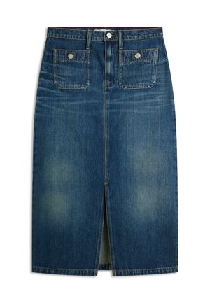 Jupe midi en denim avec fente centrale à l'avant et deux poches plaquées boutonnées, en jean délavé bleu foncé avec passants pour ceinture et fermeture par bouton.