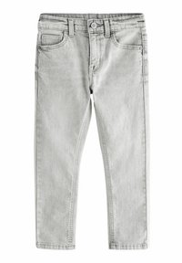 Világosszürke, slim fit farmernadrág, öt zsebbel, gombos záródással és diszkrét elhalványulási részletekkel a textúra érdekében.