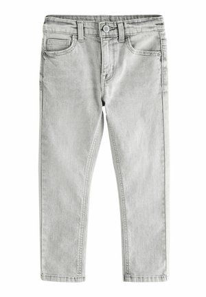 Világosszürke, slim fit farmernadrág, öt zsebbel, gombos záródással és diszkrét elhalványulási részletekkel a textúra érdekében.