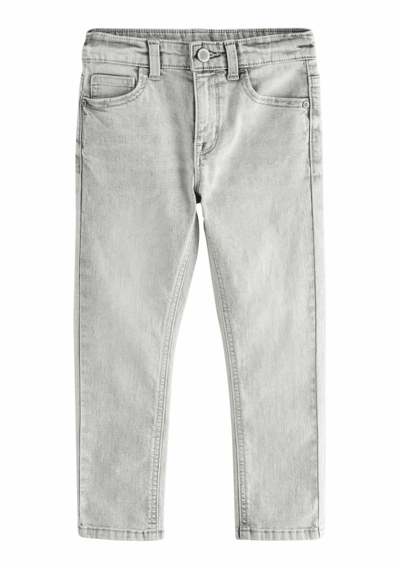 Világosszürke, slim fit farmernadrág, öt zsebbel, gombos záródással és diszkrét elhalványulási részletekkel a textúra érdekében.