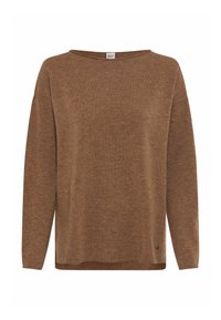 Brauner Strickpullover mit weit ausgeschnittenem Ausschnitt, überschnittenen Schultern, weichem Material und lässiger Passform. Verfügt über ein kleines Logo in der unteren linken Ecke.