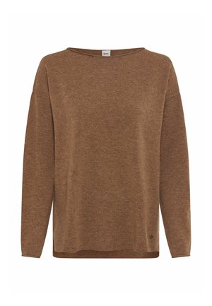 Brauner Strickpullover mit weit ausgeschnittenem Ausschnitt, überschnittenen Schultern, weichem Material und lässiger Passform. Verfügt über ein kleines Logo in der unteren linken Ecke.