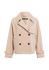Beige double-breasted jacket made of smooth fabric, featuring a wide collar, two side pockets, and rolled cuffs with belt accents.