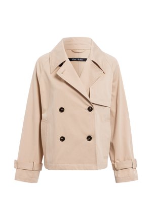 Beige Doppelreiherjacke aus glattem Stoff, mit einem breiten Kragen, zwei seitlichen Taschen und umgeschlagenen Ärmeln mit Gürtelakzenten.