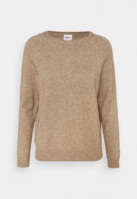 Beige knitted sweater with long sleeves, round neckline, ribbed cuffs and hem, featuring a soft texture and casual fit.