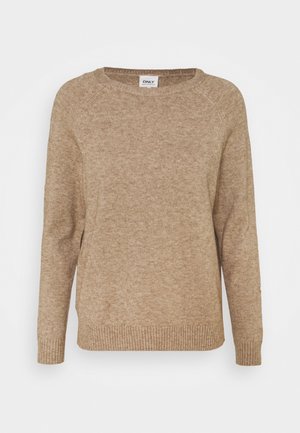 Beiger Strickpullover mit langen Ärmeln, rundem Halsausschnitt, gerippten Bündchen und Saum, mit weicher Textur und lässiger Passform.