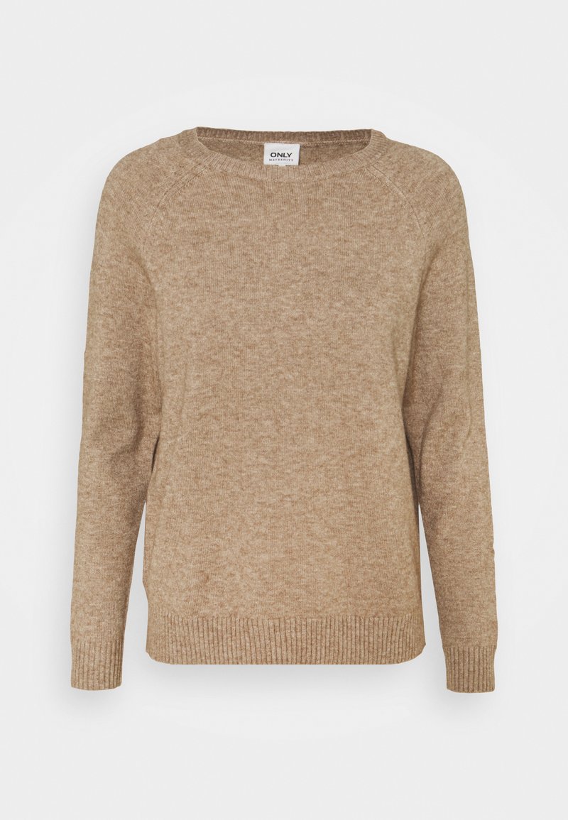 Beige knitted sweater with long sleeves, round neckline, ribbed cuffs and hem, featuring a soft texture and casual fit.