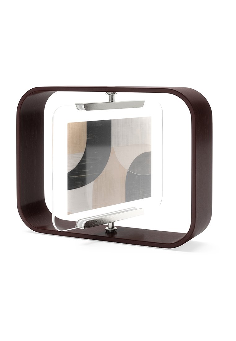 Prostokątny ramka na zdjęcie o ciemnym wykończeniu drewnianym, przezroczystych akrylowych bokach i srebrnym metalowym zawiasie. Charakteryzuje się abstrakcyjnymi wzorami w delikatnych kolorach.