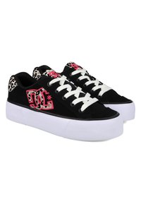 Black sneakers with white laces and platform soles. Features leopard print accents on the heel and pink logo detail on the sides.