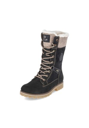 Schwarzer Winterstiefel mit beigen Schnürsenkeln, Fleece-Futter, beigem Bund und Gummisohle, entwickelt für kaltes Wetter und den Außeneinsatz.
