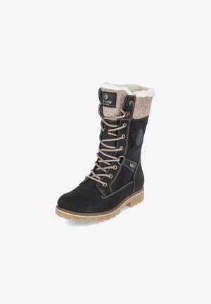 Stivale invernale nero con lacci beige, fodera in pile, polsino beige e suola in gomma, progettato per il freddo e l'uso esterno.