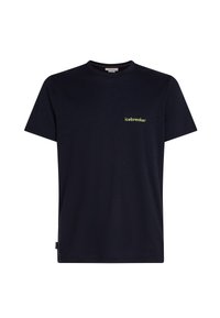 Navyblauwe T-shirt met korte mouwen, gemaakt van zacht materiaal, met een klein limoen groen "icebreaker" logo op de borst. Eenvoudig crew neck ontwerp.