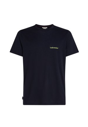 Navyblauwe T-shirt met korte mouwen, gemaakt van zacht materiaal, met een klein limoen groen "icebreaker" logo op de borst. Eenvoudig crew neck ontwerp.