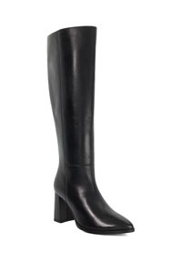 Black knee-high boot made of smooth leather, featuring a pointed toe and a chunky heel. Clean lines and minimal stitching details.