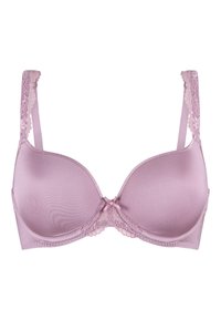 Soutien-gorge rembourré rose clair avec bordure en dentelle le long des bretelles et au centre. Présente des bonnets lisses et un petit nœud décoratif au milieu.