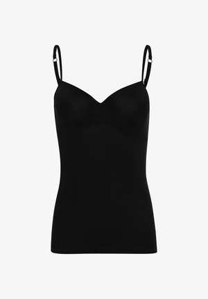 Camisetta nera con spalline sottili regolabili, realizzata in tessuto elastico e liscio, con un design a scollo a V e una forma aderente.