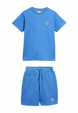 Blue short-sleeve t-shirt and textured shorts set with small zebra patches on the chest and bottom left leg, shorts have drawstring waist and pockets.