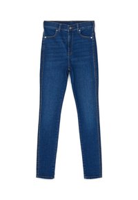 Hubené džíny v tmavě modrém denimu, které mají klasický pětikapsový design, zesílené švy a zip se kovovým knoflíkem na zapínání.