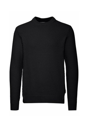 Pulover negru cu un model texturat, matlasat. Mâneci lungi, guler rotund și manșete și tiv striate. Design simplu, fără embellishments.