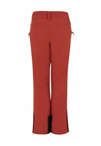 Pantaloni da sci rossi con taglio dritto, tasca con zip sul lato e dettagli in tessuto nero all'orlo. Tessuto liscio, progettati per gli sport invernali.