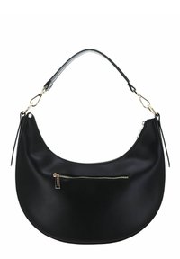 Sac à épaule en simili cuir noir à la forme arrondie, avec une poche avant zippée et une finition lisse. Accentuée par des accessoires en métal doré.