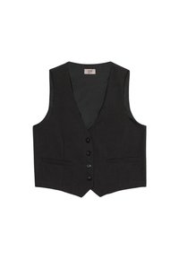 Dunkelgraue tailierte Weste mit V-Ausschnitt, fünf schwarzen Knöpfen und zwei seitlichen Taschen. Glatte Textur, taillierte Form für einen strukturierten Look.