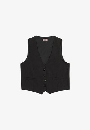 Gilet grigio scuro su misura con scollatura a V, cinque bottoni neri e due tasche laterali. Tessuto liscio, design aderente per un aspetto strutturato.