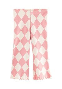 Roze en wit legging met ruitpatroon en een geribbelde textuur, uitlopende onderkant en een gegolfde zoom. Ontworpen voor comfort en flexibiliteit.