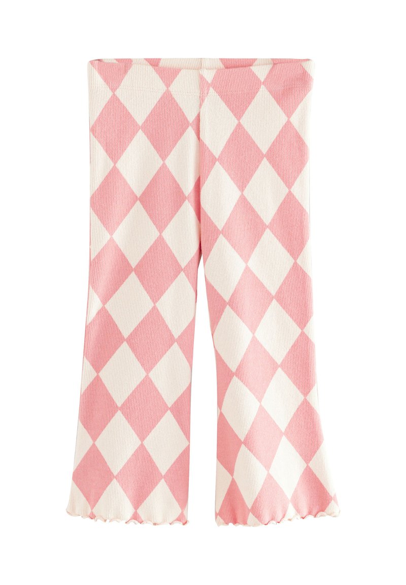 Roze en wit legging met ruitpatroon en een geribbelde textuur, uitlopende onderkant en een gegolfde zoom. Ontworpen voor comfort en flexibiliteit.