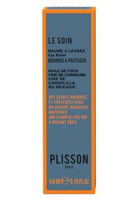 Lippenbalsamverpackung in Blau- und Orangetönen, mit Text in mehreren Sprachen. Boxform mit klarer Markenführung und Produktdetails.