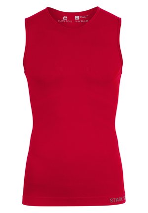 Rotes ärmelloses Sporttanktop aus Polyester und Elasthan, mit strukturiertem Design und einem dezenten Logo am Saum.