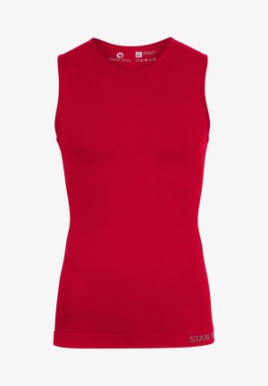 Rotes ärmelloses Sporttanktop aus Polyester und Elasthan, mit strukturiertem Design und einem dezenten Logo am Saum.