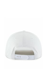 White baseball cap featuring a structured design, adjustable plastic snap-back, and ventilation holes on the back. Smooth textile texture.