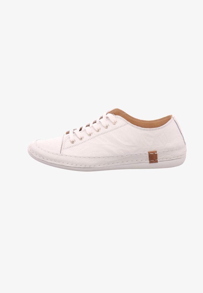 White leather sneaker with a textured upper, brown accent at the heel, rubber sole, and six metal eyelets for laces.