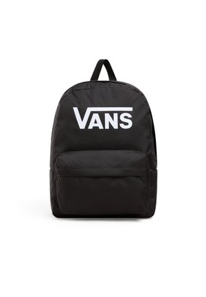 Zaino in tessuto nero con una tasca frontale, caratterizzato da un logo "VANS" bianco ben visibile. Inclusi spallacci regolabili e maniglia superiore.