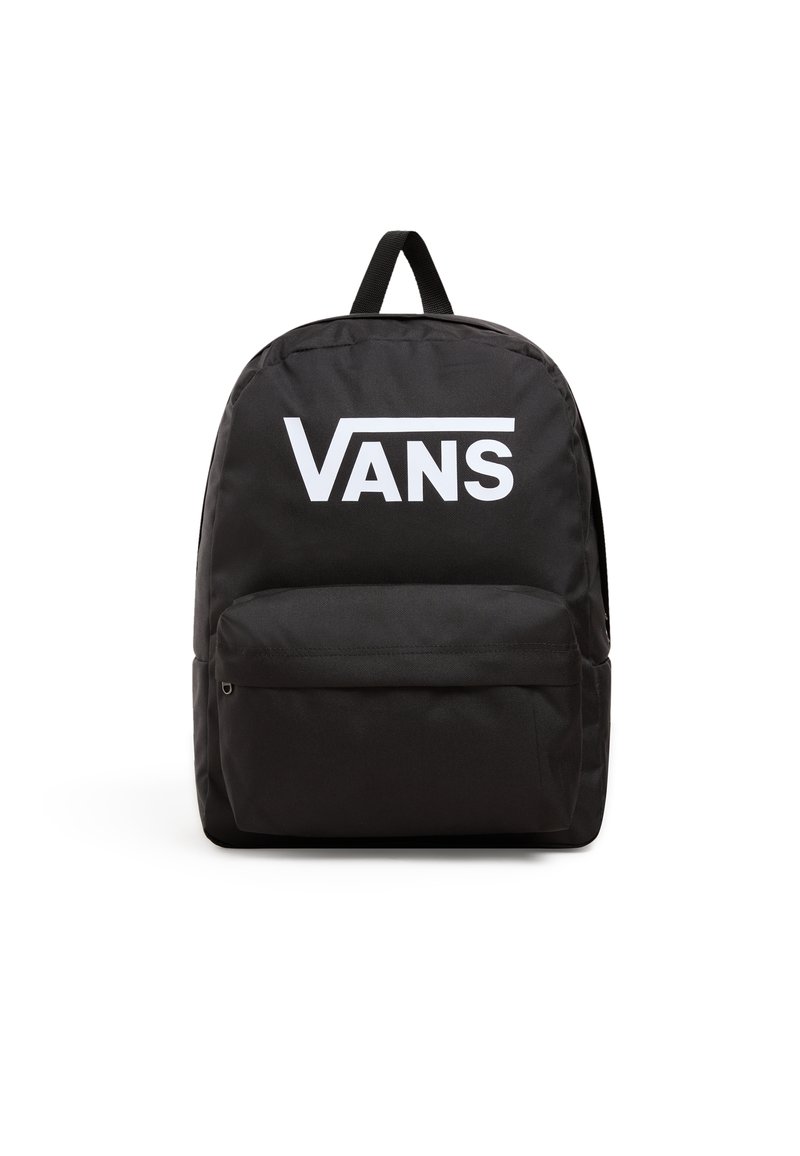 Sac à dos en tissu noir avec une poche avant, arborant un logo "VANS" blanc et bien visible. Comprend des bretelles ajustables et une poignée de transport en haut.