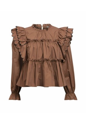 Braune Baumwollbluse mit Puffärmeln, geschichteten Rüschen, gewellten Kanten und einem hohen Kragen. Mit einer Knopfverschluss auf der Rückseite.