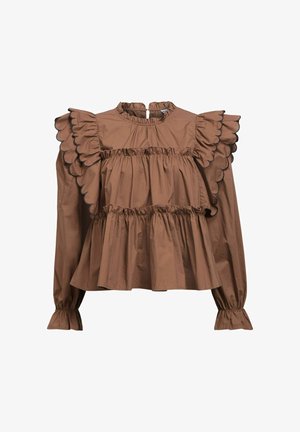 Blusa in cotone marrone con maniche a palloncino, volant a strati, bordi scallop e colletto alto. Presenta una chiusura con bottoni sul retro.