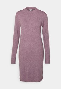 Langærmet kjole med rund hals i blød, meleret lavendelstrik. Har ribbede manchetter og søm med sideslidser for bedre bevægelsesfrihed.