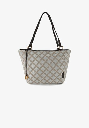 Sac fourre-tout avec un motif géométrique beige et gris, tissu texturé, anses en cuir marron et accents en métal doré.