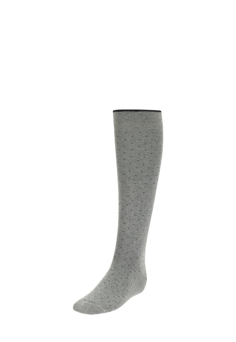 Šedé podkolenky s texturovaným vzorem malých tmavých teček a černým horním lemem. Vyrobené z měkké, strečové tkaniny.