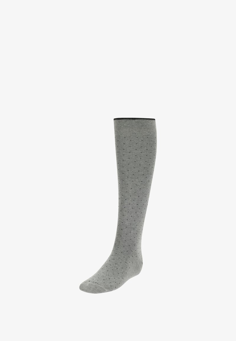 Šedé podkolenky s texturovaným vzorem malých tmavých teček a černým horním lemem. Vyrobené z měkké, strečové tkaniny.