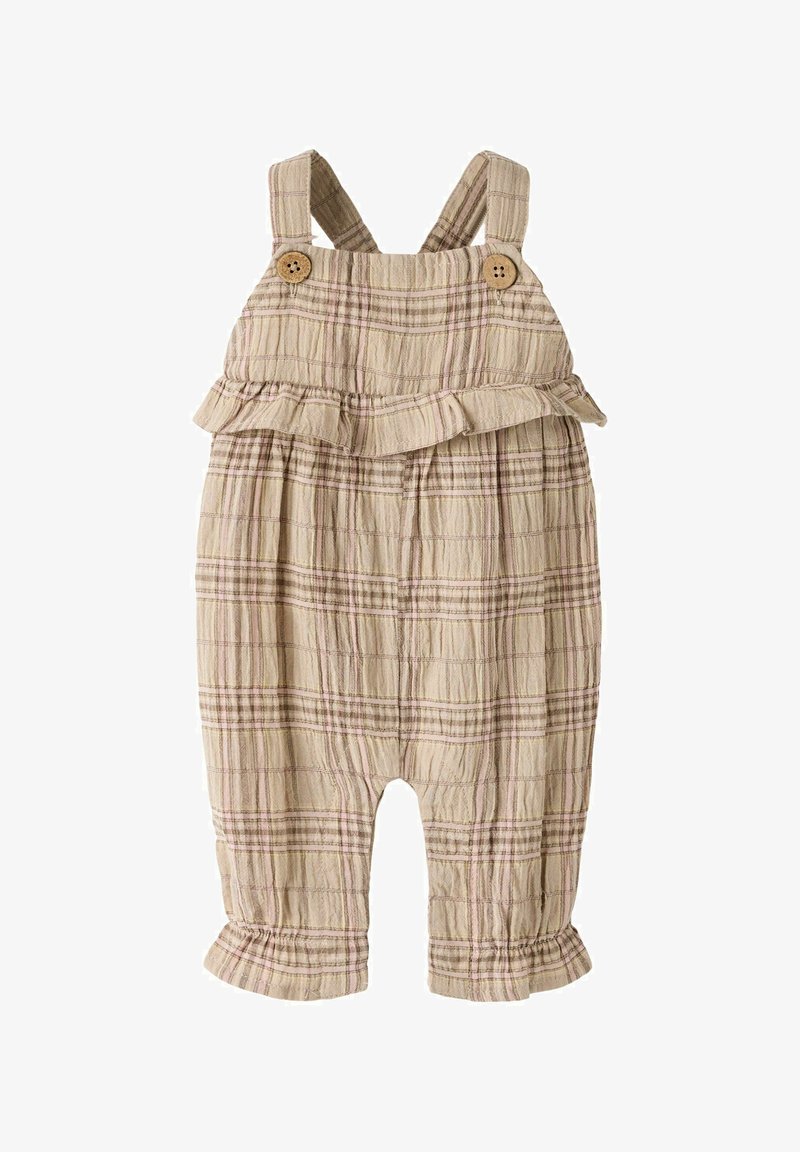 Beige og brun ternet romper til småbørn med knappede skulderstropper og flæsekanter ved brystet og buksebenenes afslutning.