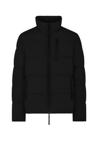 Giacca a vento nera con colletto alto, dotata di una cerniera frontale completa, due tasche laterali e una tasca sul petto; texture liscia, design trapuntato.
