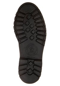 Suola di scarpa in gomma nera con scanalature profonde, caratterizzata da un motivo a diamante, un tacco rotondo e un logo in rilievo. Superficie testurizzata per una migliore aderenza.