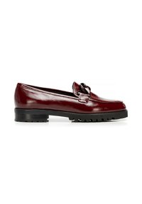 Bordeaux lakschoenen met een ronde neus, voorzien van een decoratieve kettingaccent en een gestructureerde zwarte rubberen zool.